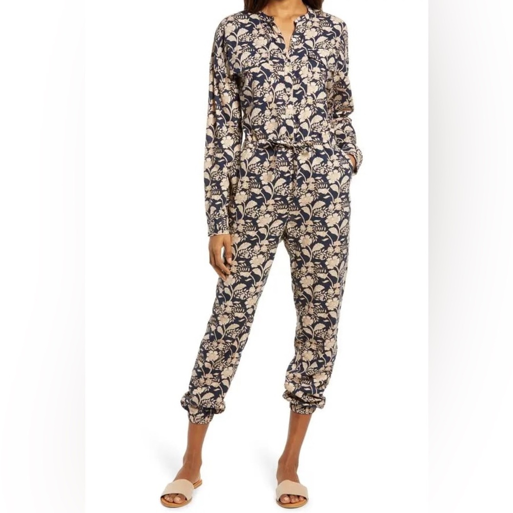 Faherty Savoie Floral Linen Blend Long Sleeve Jumpsuit in Navy Avignon Meadow XL